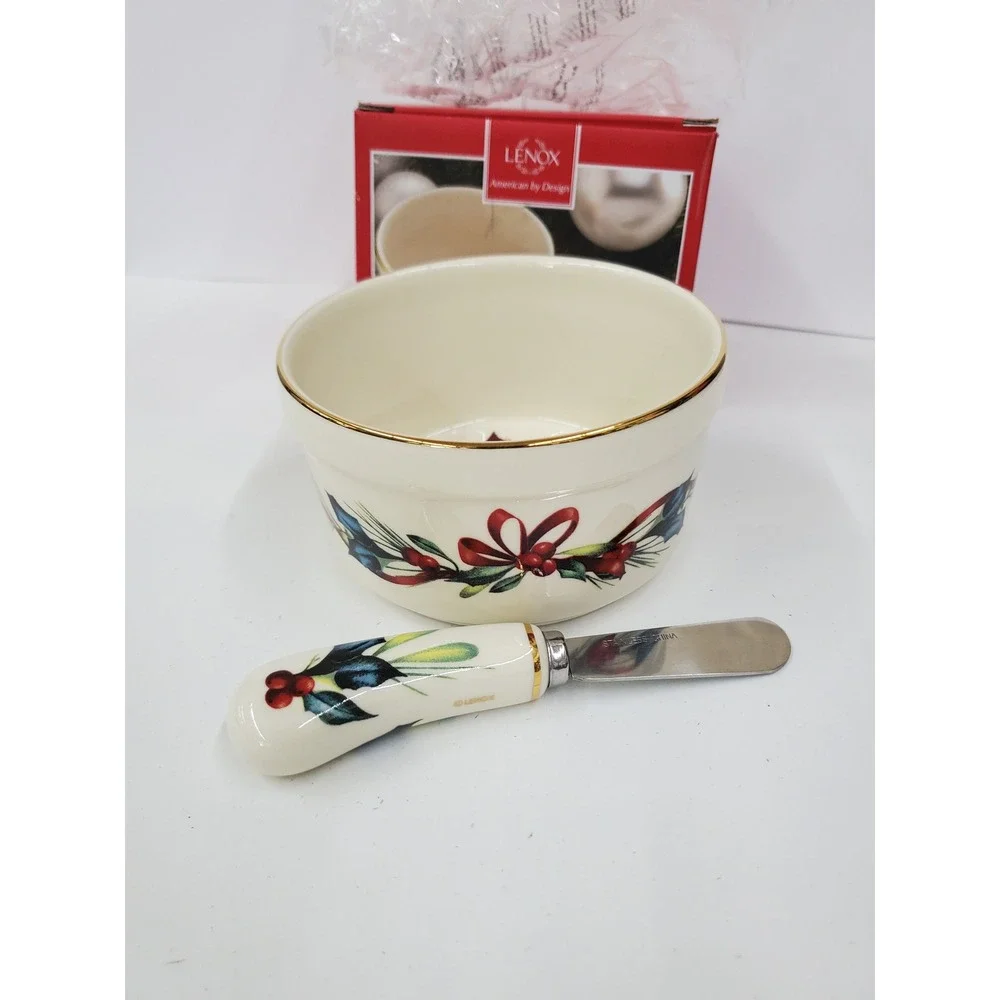 Lenox Winter Greetings Dip Bowl with Spreader Cardinal Holly Gold Rim 804437 NEW